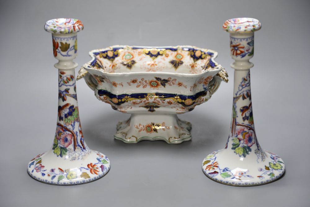 A pair of Masons Ironstone Flying Bird pattern candlesticks and a 19th century Imari pattern tureen (a.f.)